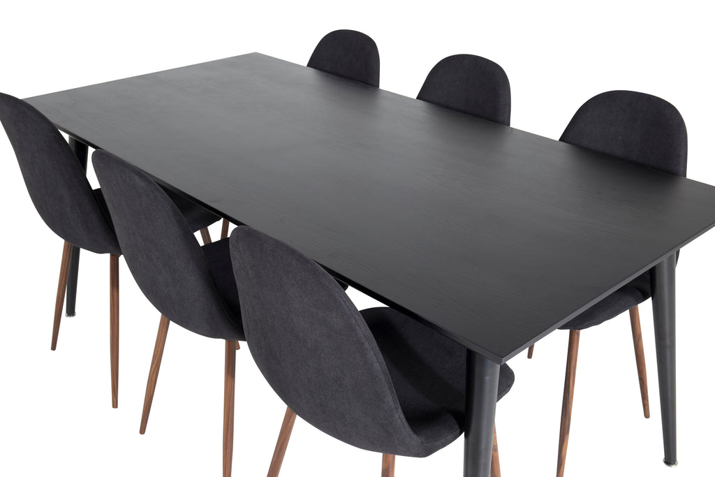 Dipp matbord 180*90cm svart faner/helsvarta ben med 6 Polar matstolar valnötsben svart tyg