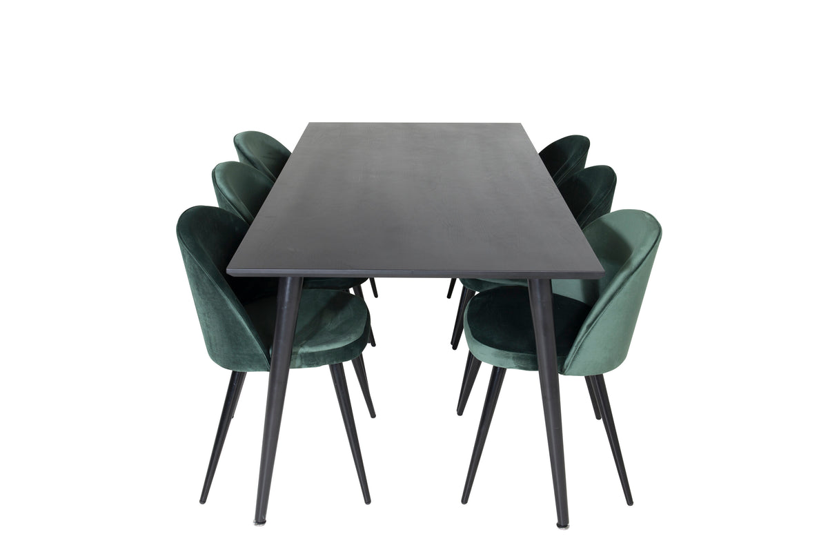 Dipp matbord 180*90cm svart faner/helsvarta ben med 6 Velvet matstolar grön/svart