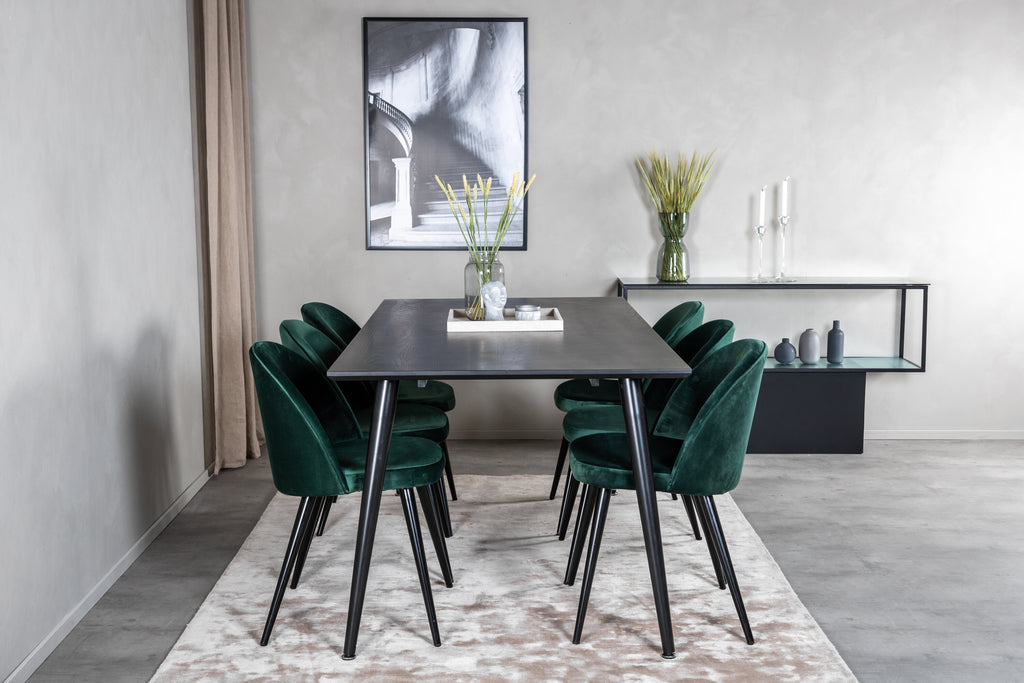 Dipp matbord 180*90cm svart faner/helsvarta ben med 6 Velvet matstolar grön/svart