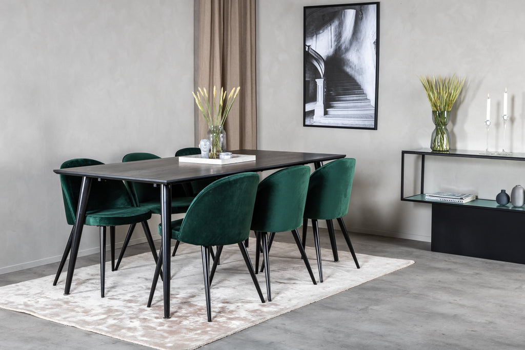 Dipp matbord 180*90cm svart faner/helsvarta ben med 6 Velvet matstolar grön/svart