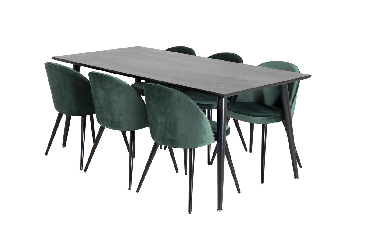 Dipp matbord 180*90cm svart faner/helsvarta ben med 6 Velvet matstolar grön/svart