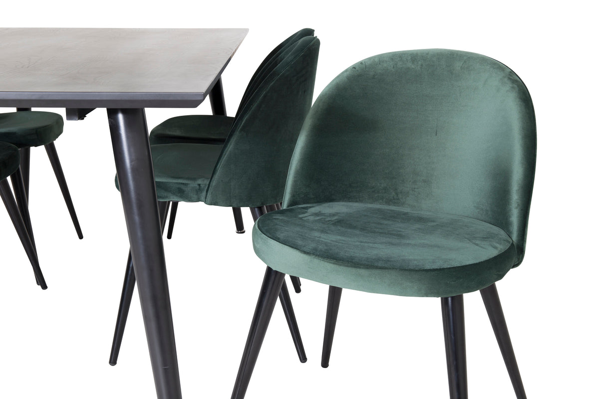 Dipp matbord 180*90cm svart faner/helsvarta ben med 6 Velvet matstolar grön/svart