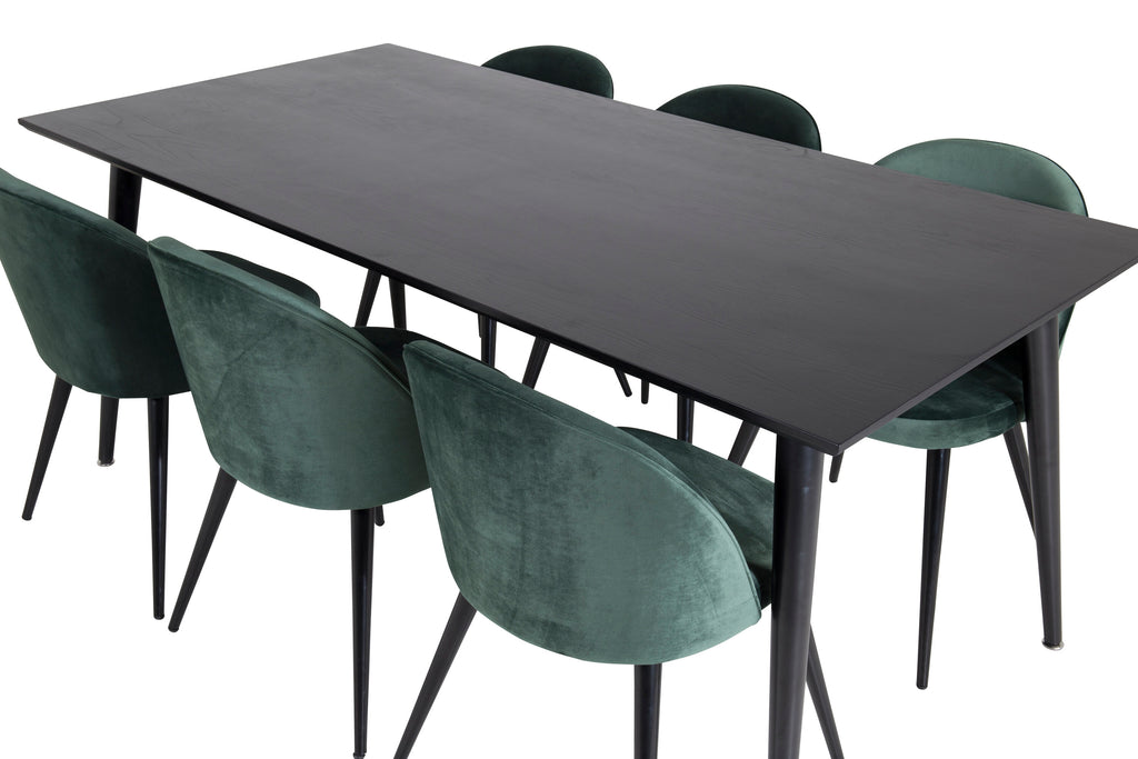Dipp matbord 180*90cm svart faner/helsvarta ben med 6 Velvet matstolar grön/svart
