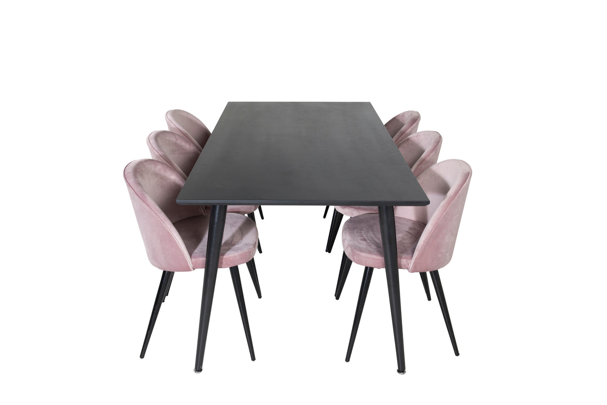 Dipp matbord 180*90cm svart faner/helsvarta ben med 6 Velvet matstolar rosa/svart