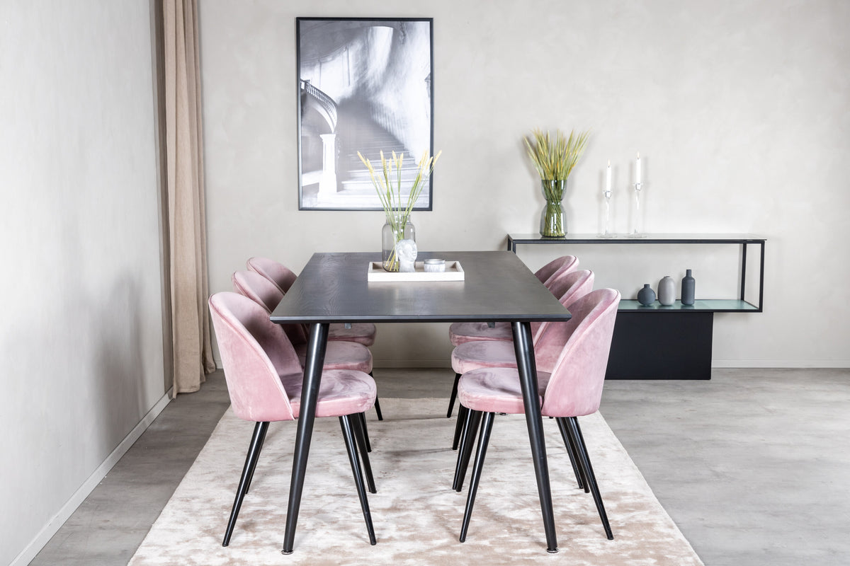 Dipp matbord 180*90cm svart faner/helsvarta ben med 6 Velvet matstolar rosa/svart