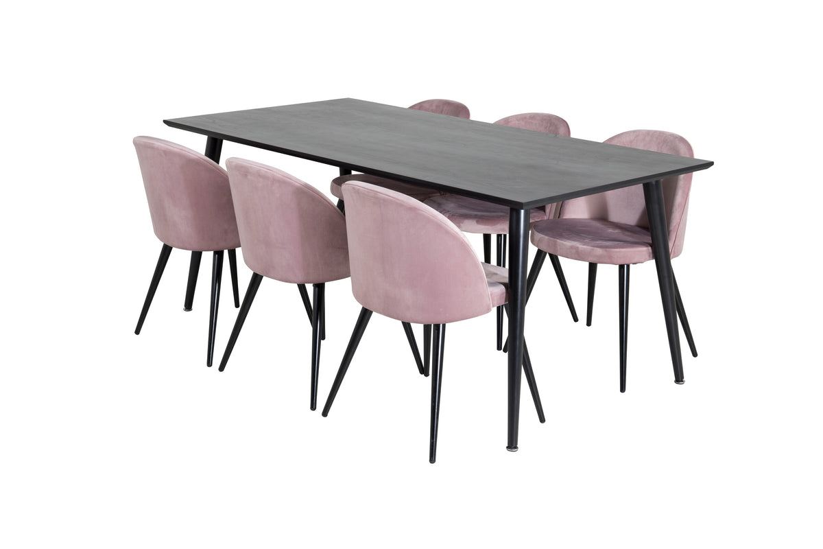 Dipp matbord 180*90cm svart faner/helsvarta ben med 6 Velvet matstolar rosa/svart
