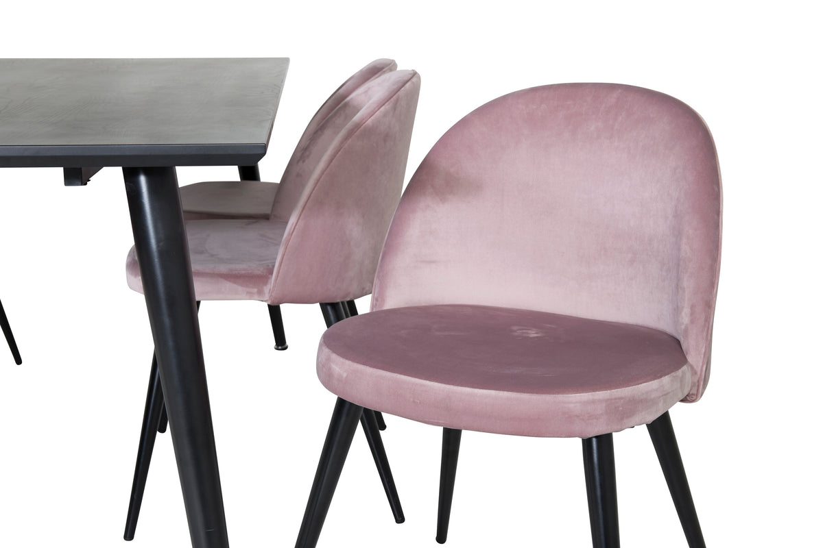 Dipp matbord 180*90cm svart faner/helsvarta ben med 6 Velvet matstolar rosa/svart