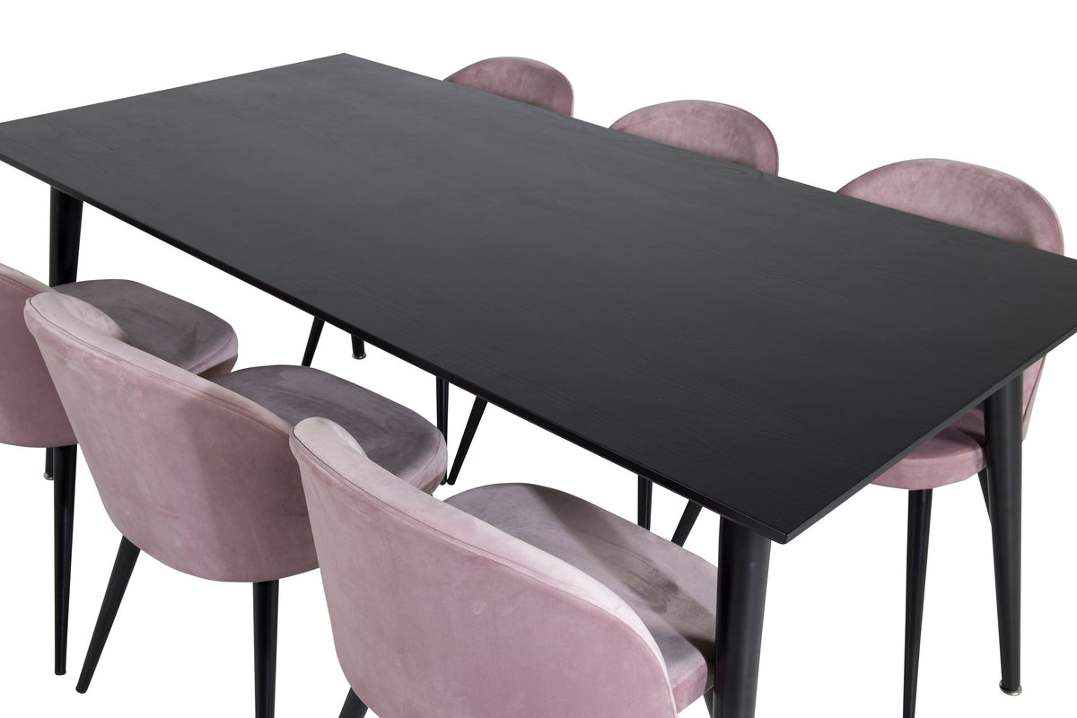 Dipp matbord 180*90cm svart faner/helsvarta ben med 6 Velvet matstolar rosa/svart
