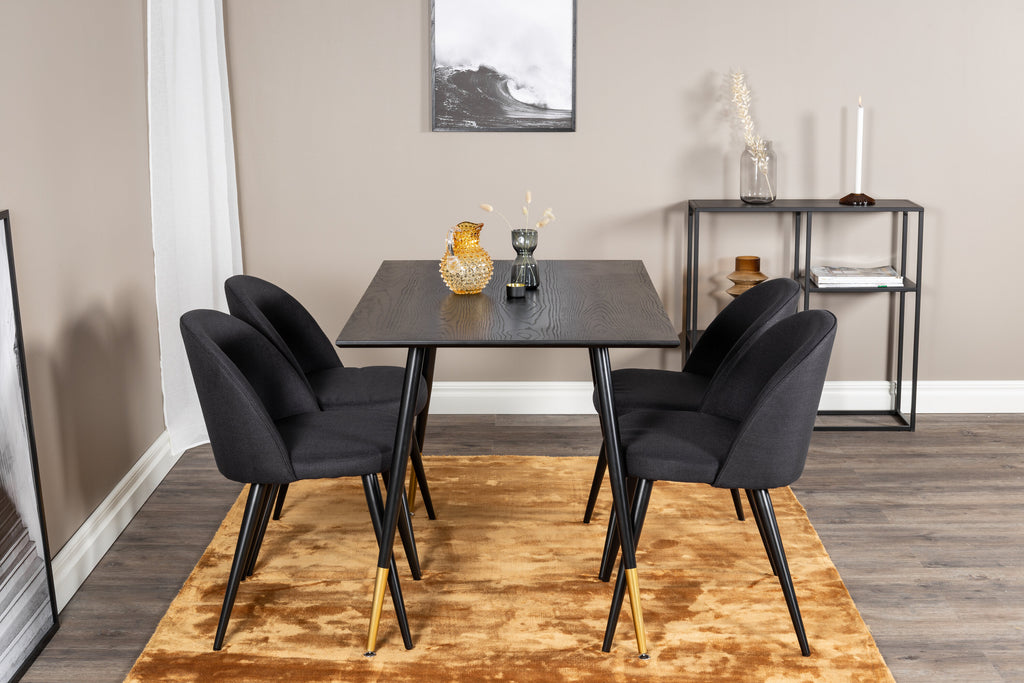 Dipp matbord svart faner 120 cm med 4 Velvet Dining Chiar svart tyg