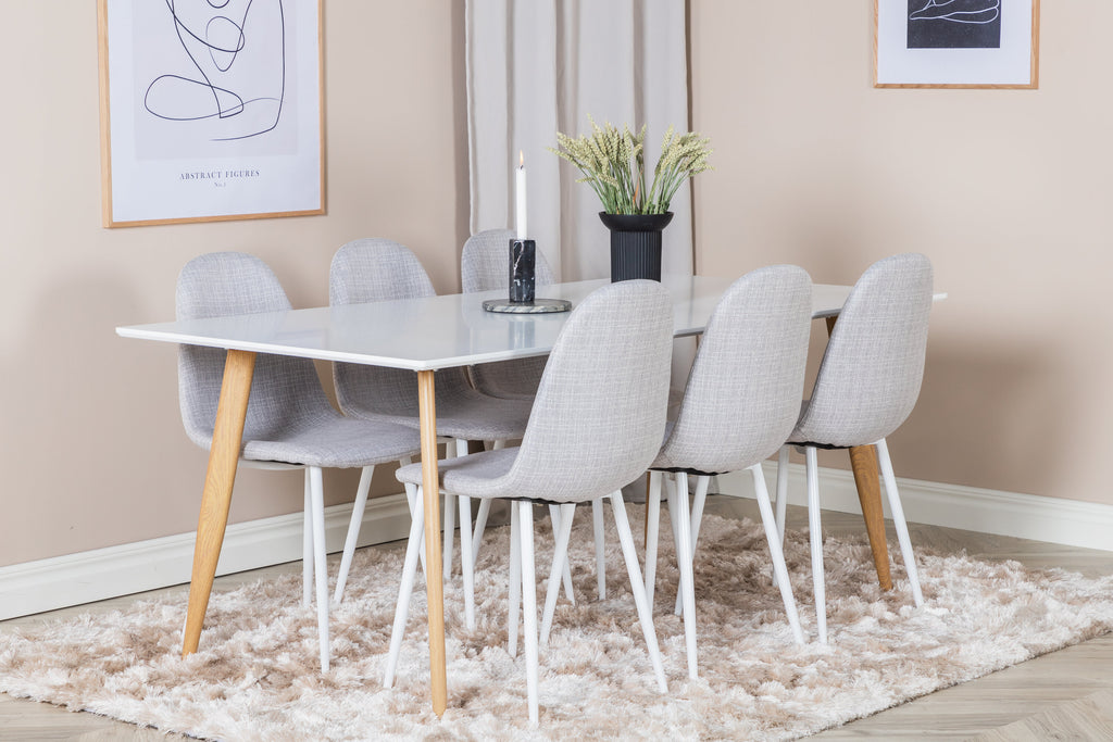 Polar matgrupp med 6 Polar-stolar 180x90x75 cm ekimitation, vit och ljusgrå