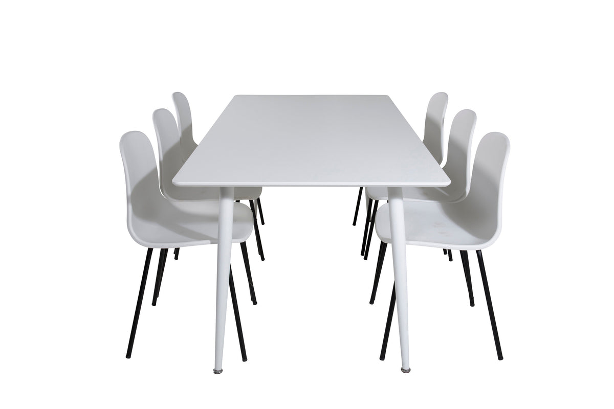 Polar matbord 180 cm vit topp/vita ben med 6 Arctic matstolar svarta ben vit plast
