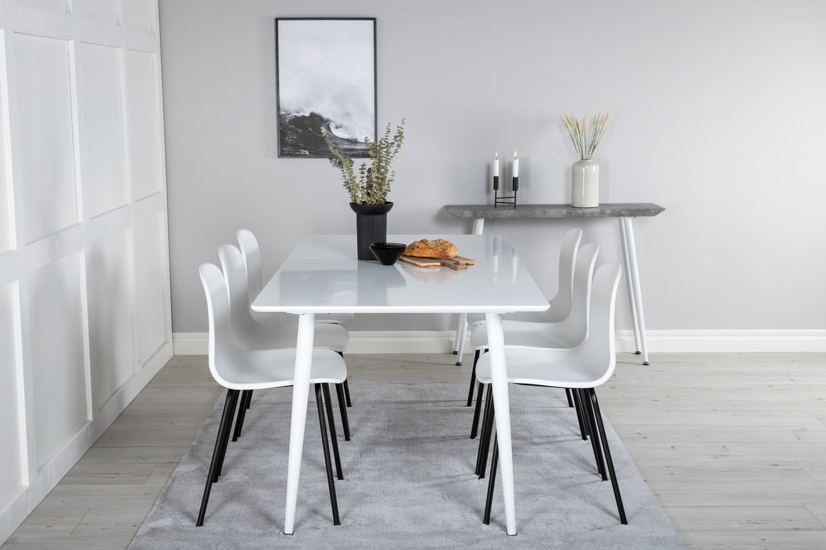 Polar matbord 180 cm vit topp/vita ben med 6 Arctic matstolar svarta ben vit plast