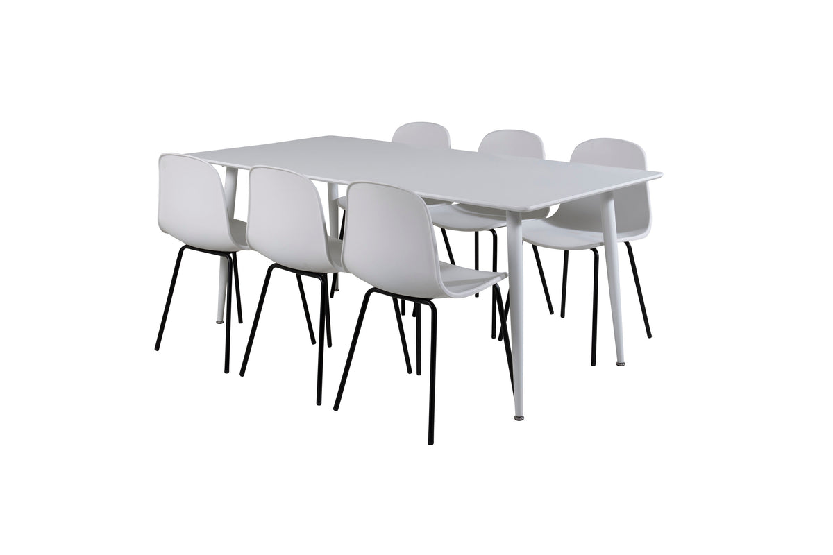 Polar matbord 180 cm vit topp/vita ben med 6 Arctic matstolar svarta ben vit plast