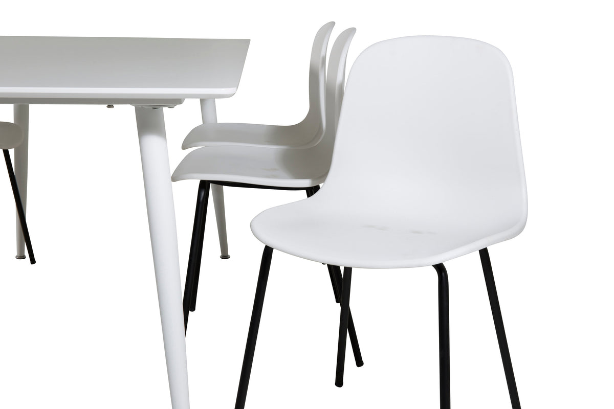 Polar matbord 180 cm vit topp/vita ben med 6 Arctic matstolar svarta ben vit plast