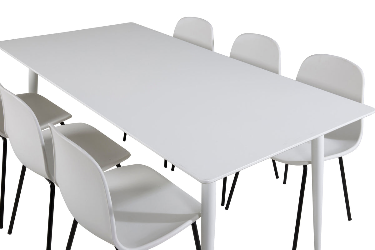 Polar matbord 180 cm vit topp/vita ben med 6 Arctic matstolar svarta ben vit plast