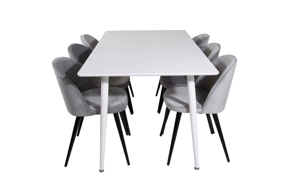 Polar matbord 180 cm vit topp/vita ben med 6 Velvet matstolar ljusgrå/svart