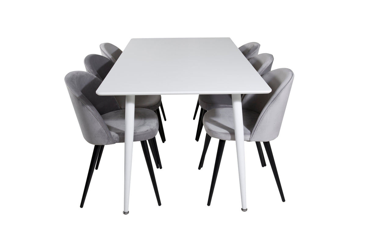 Polar matbord 180 cm vit topp/vita ben med 6 Velvet matstolar ljusgrå/svart