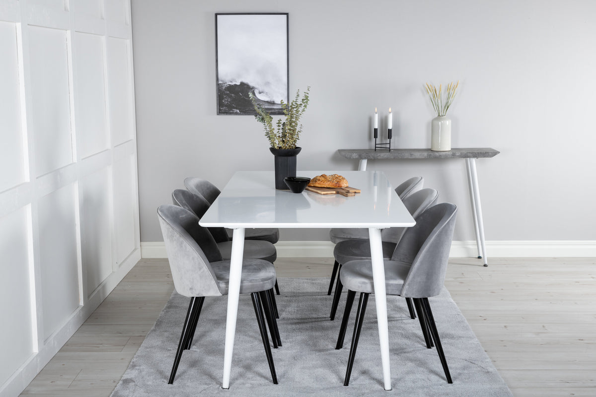 Polar matbord 180 cm vit topp/vita ben med 6 Velvet matstolar ljusgrå/svart