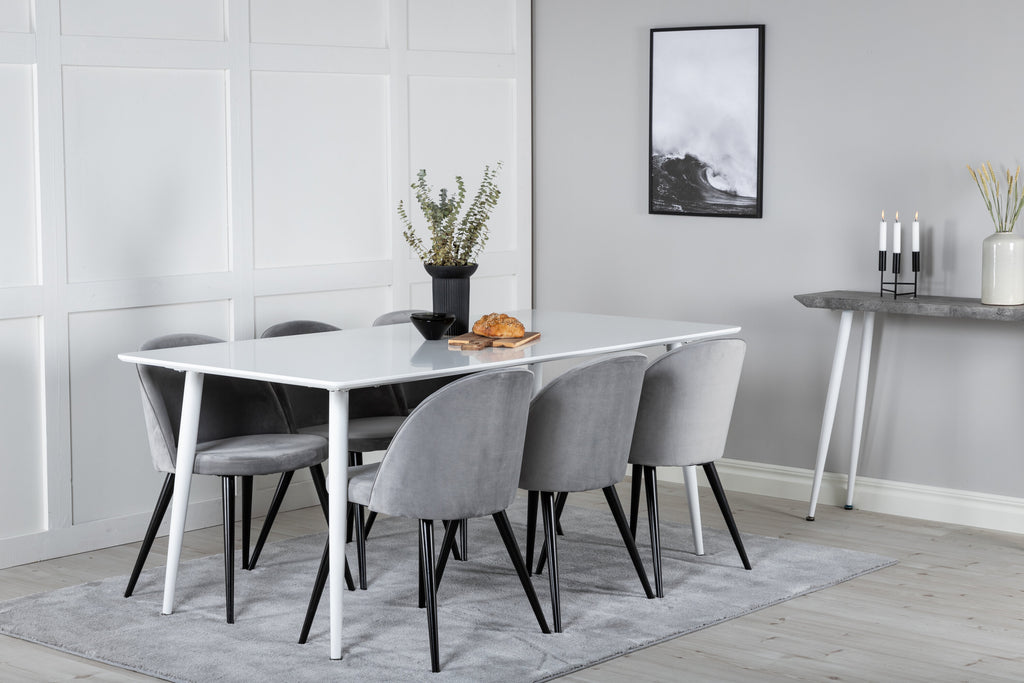 Polar matbord 180 cm vit topp/vita ben med 6 Velvet matstolar ljusgrå/svart
