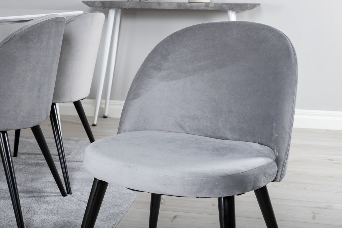 Polar matbord 180 cm vit topp/vita ben med 6 Velvet matstolar ljusgrå/svart
