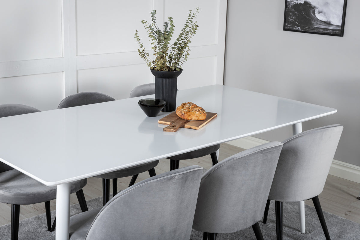 Polar matbord 180 cm vit topp/vita ben med 6 Velvet matstolar ljusgrå/svart