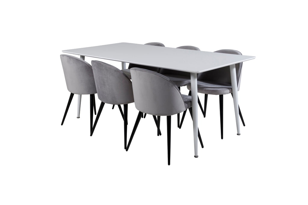 Polar matbord 180 cm vit topp/vita ben med 6 Velvet matstolar ljusgrå/svart