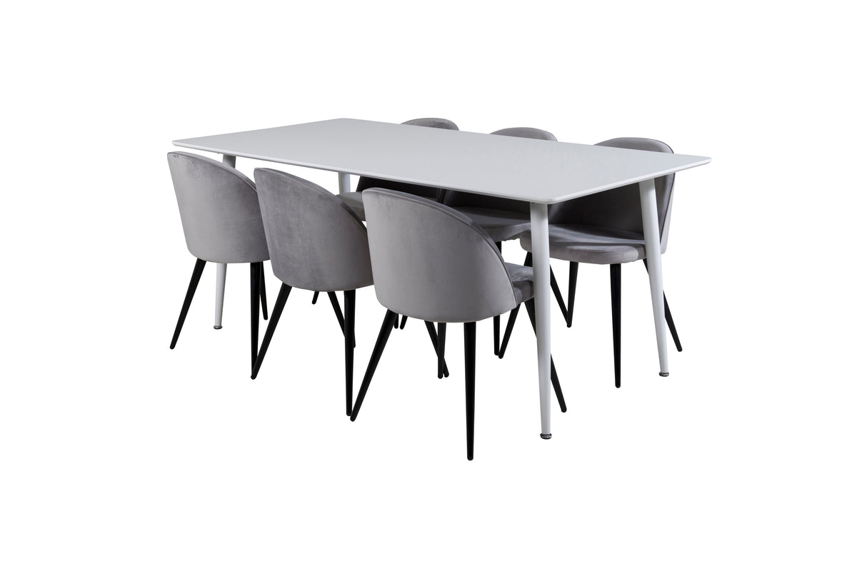 Polar matbord 180 cm vit topp/vita ben med 6 Velvet matstolar ljusgrå/svart