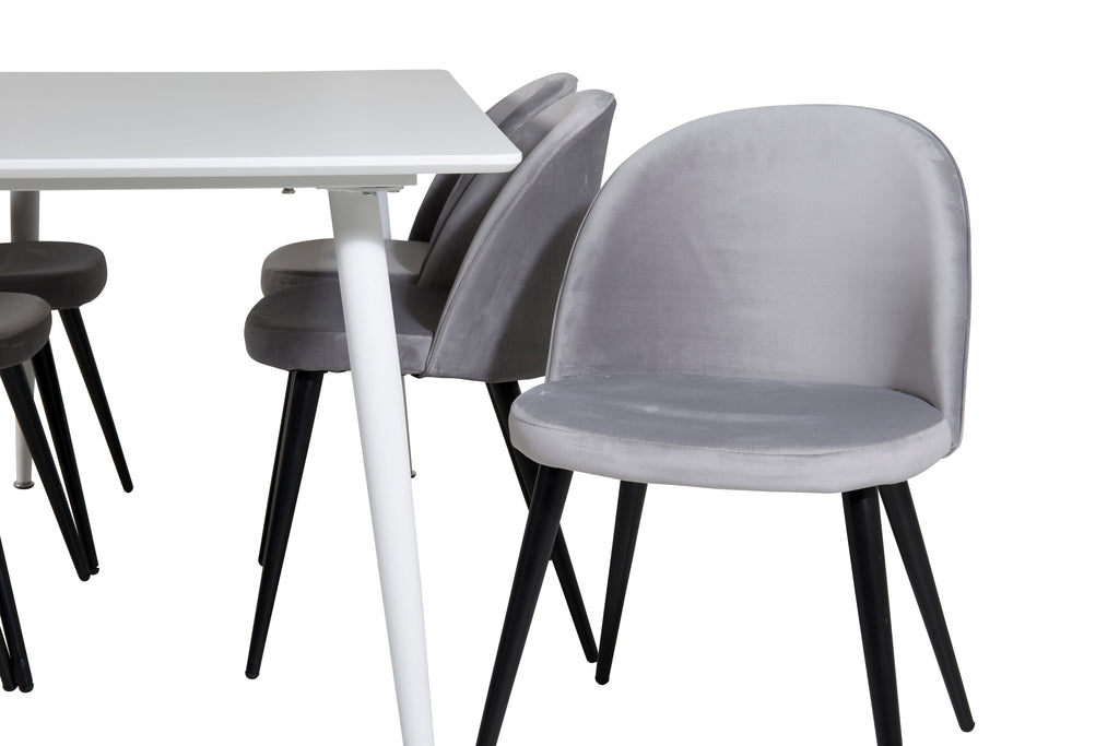 Polar matbord 180 cm vit topp/vita ben med 6 Velvet matstolar ljusgrå/svart