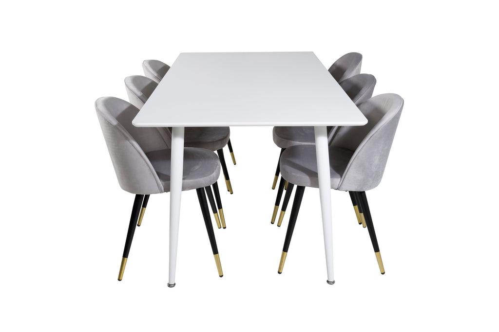 Polar matbord 180 cm vit topp/vita ben med 6 Velvet matstolar mässing ljusgrå/svart