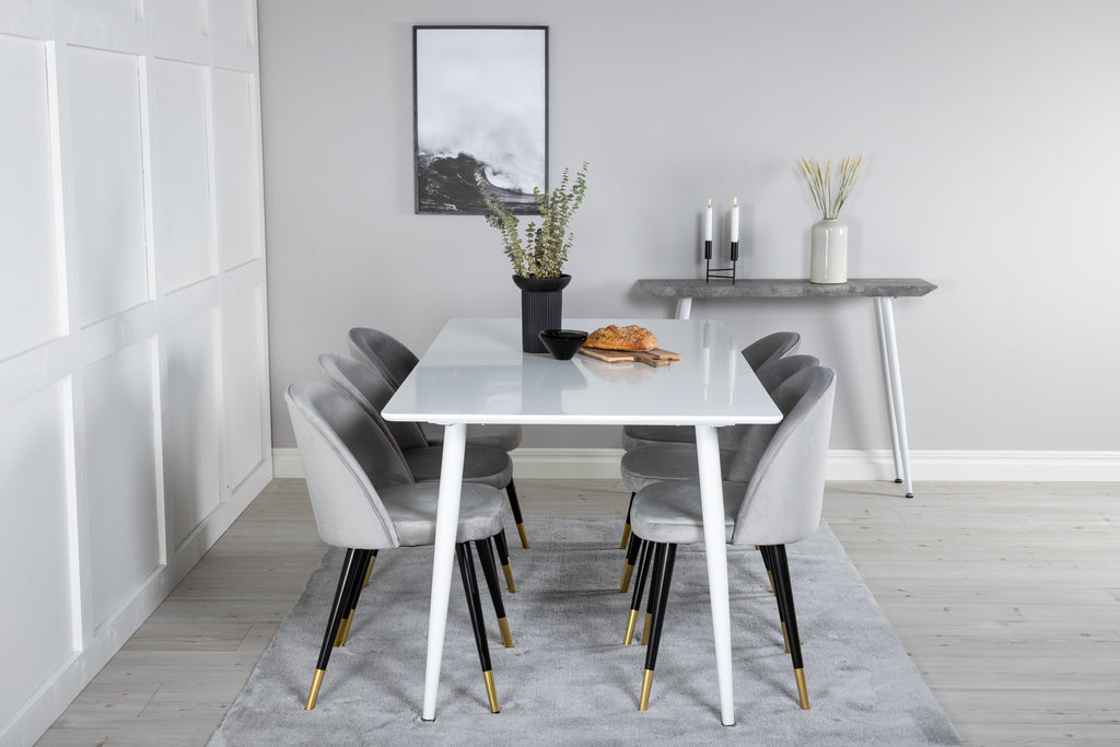 Polar matbord 180 cm vit topp/vita ben med 6 Velvet matstolar mässing ljusgrå/svart