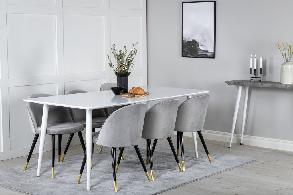 Polar matbord 180 cm vit topp/vita ben med 6 Velvet matstolar mässing ljusgrå/svart