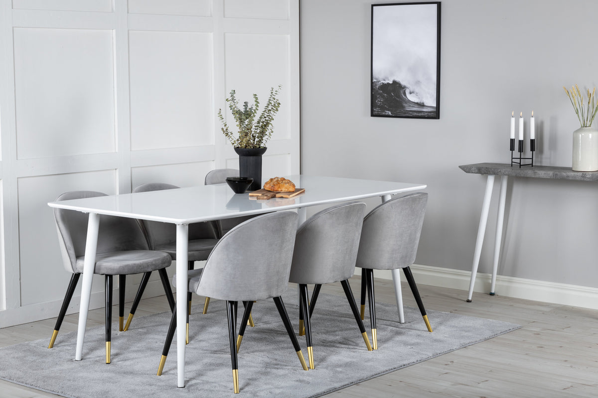 Polar matbord 180 cm vit topp/vita ben med 6 Velvet matstolar mässing ljusgrå/svart