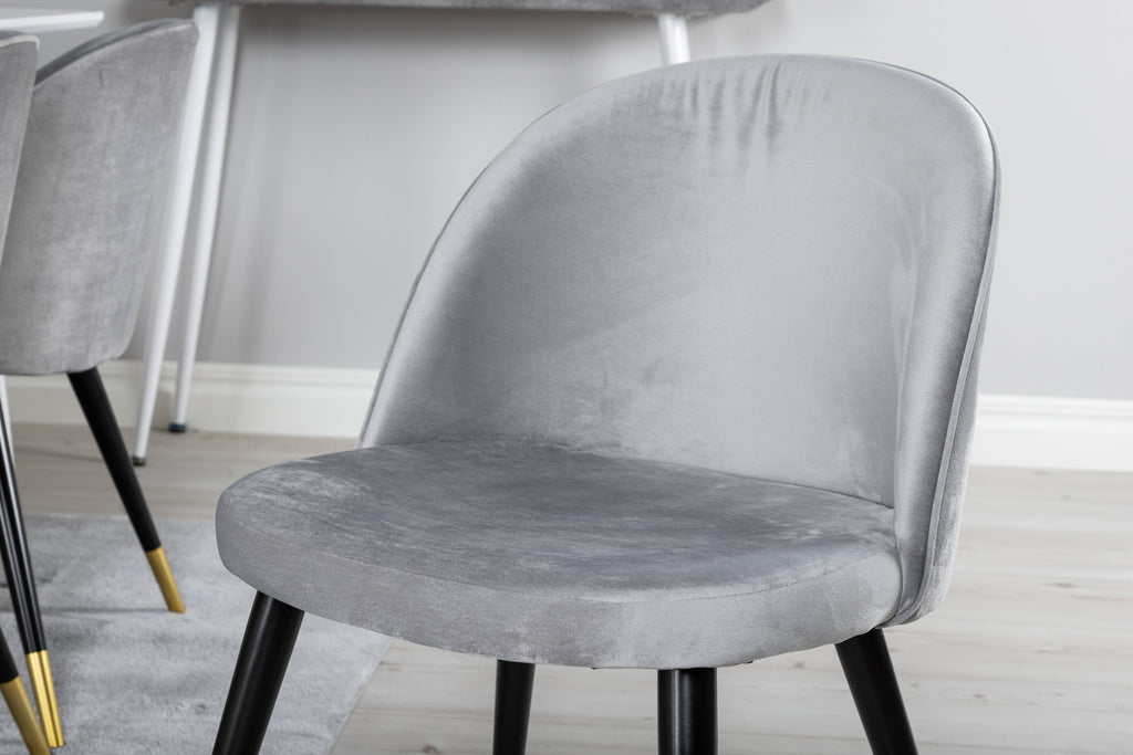 Polar matbord 180 cm vit topp/vita ben med 6 Velvet matstolar mässing ljusgrå/svart