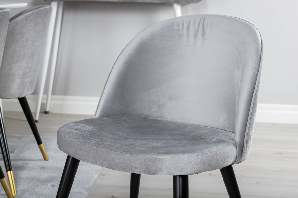Polar matbord 180 cm vit topp/vita ben med 6 Velvet matstolar mässing ljusgrå/svart