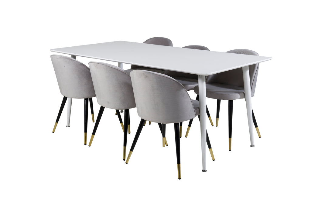 Polar matbord 180 cm vit topp/vita ben med 6 Velvet matstolar mässing ljusgrå/svart