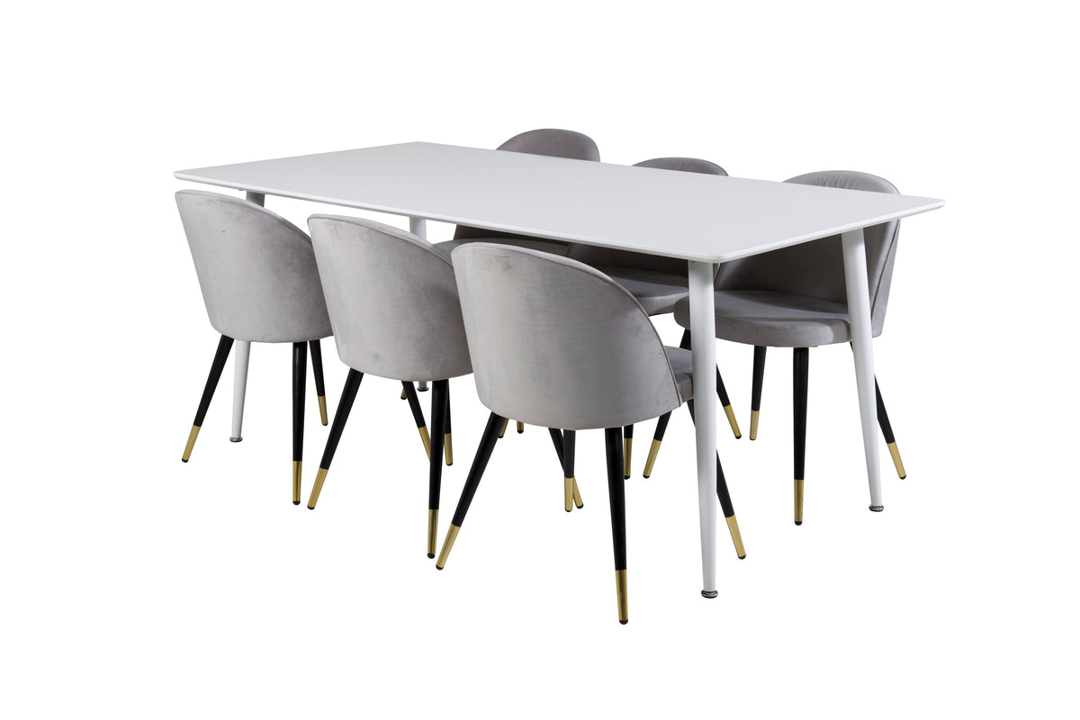 Polar matbord 180 cm vit topp/vita ben med 6 Velvet matstolar mässing ljusgrå/svart