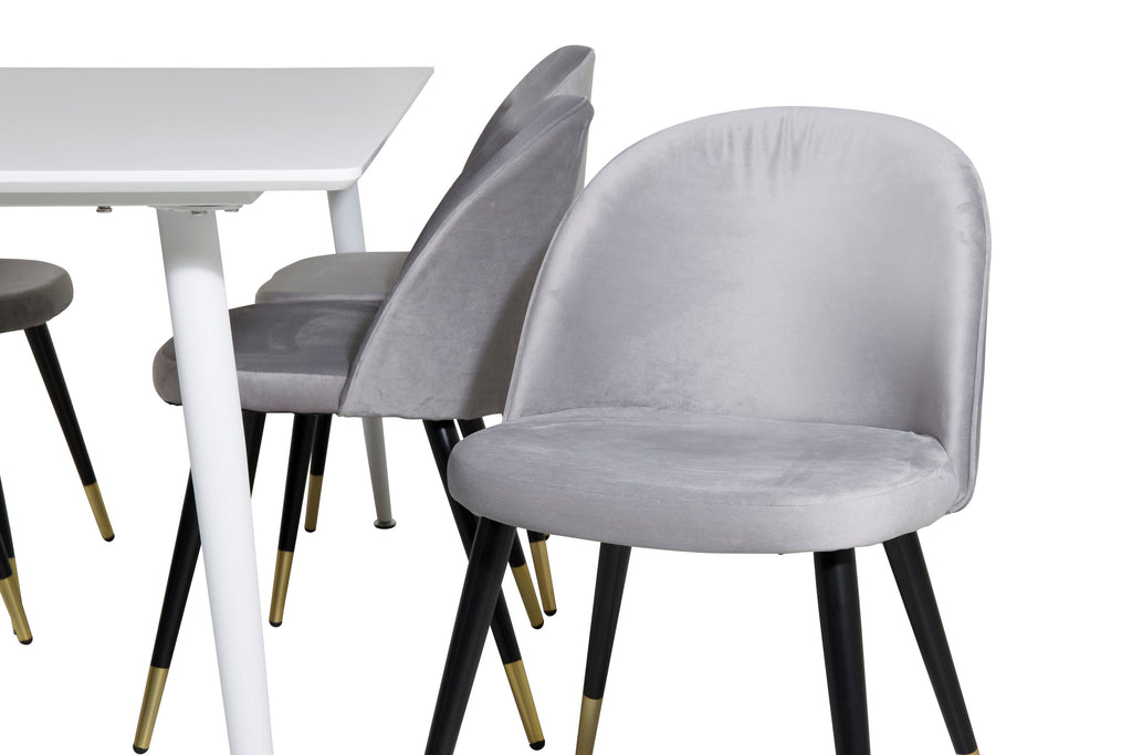 Polar matbord 180 cm vit topp/vita ben med 6 Velvet matstolar mässing ljusgrå/svart