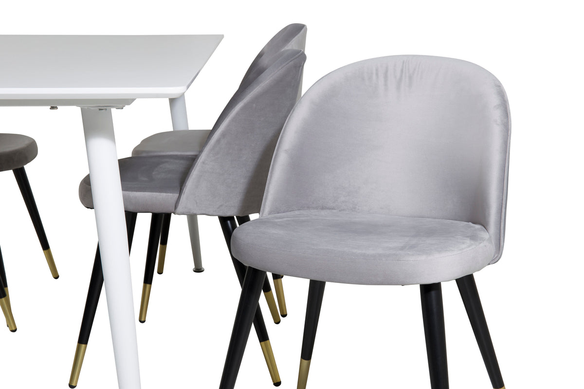 Polar matbord 180 cm vit topp/vita ben med 6 Velvet matstolar mässing ljusgrå/svart