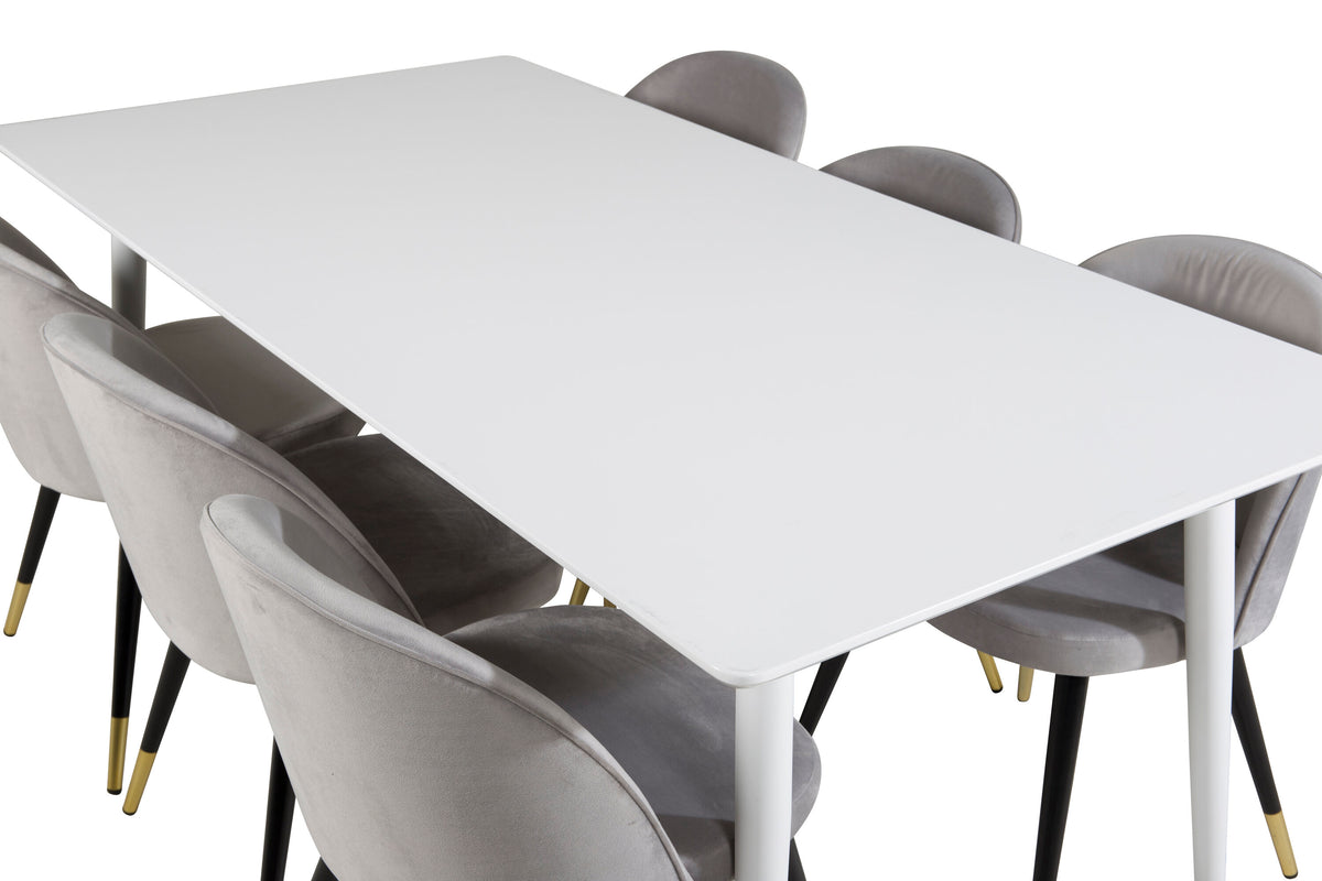 Polar matbord 180 cm vit topp/vita ben med 6 Velvet matstolar mässing ljusgrå/svart