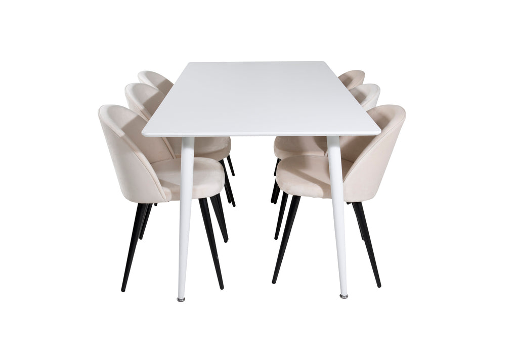 Polar matbord 180 cm vit topp/vita ben med 6 Velvet matstolar beige/svart