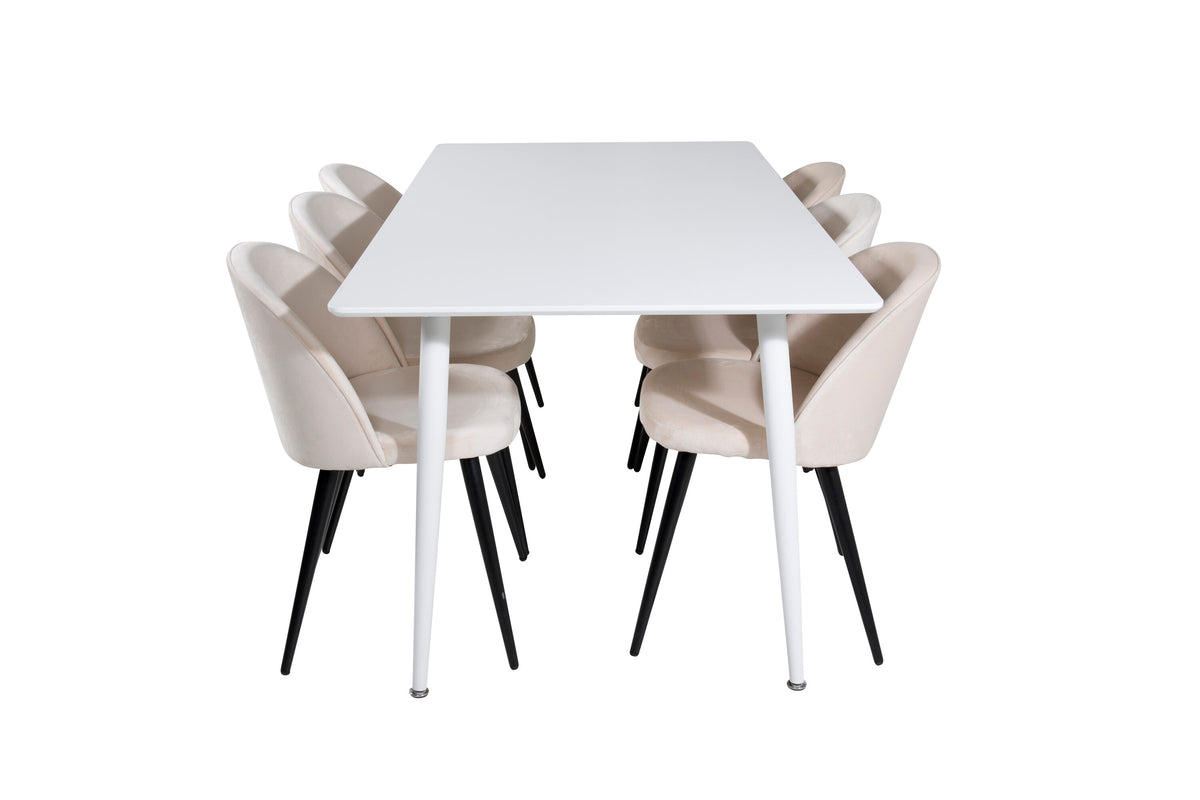 Polar matbord 180 cm vit topp/vita ben med 6 Velvet matstolar beige/svart