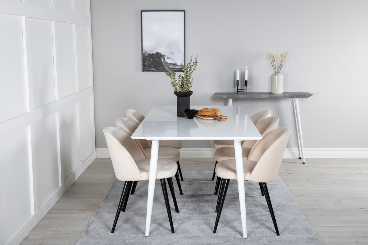 Polar matbord 180 cm vit topp/vita ben med 6 Velvet matstolar beige/svart