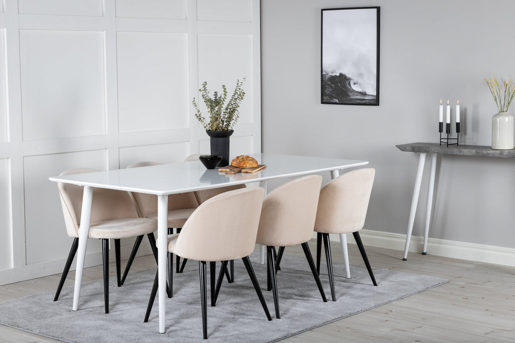 Polar matbord 180 cm vit topp/vita ben med 6 Velvet matstolar beige/svart