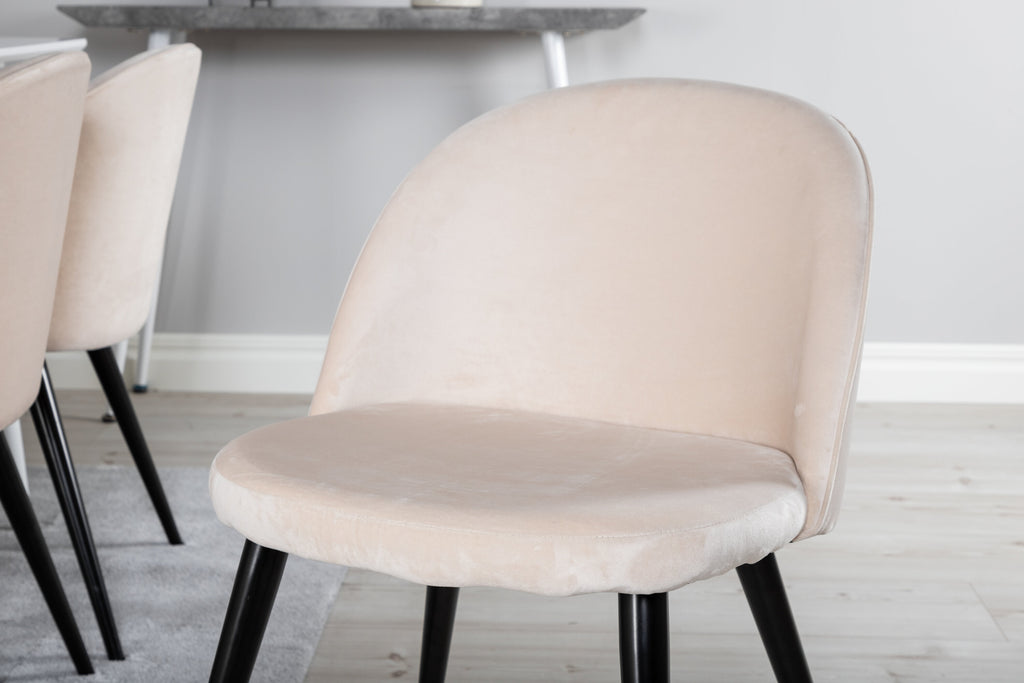 Polar matbord 180 cm vit topp/vita ben med 6 Velvet matstolar beige/svart