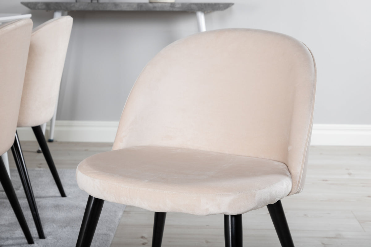 Polar matbord 180 cm vit topp/vita ben med 6 Velvet matstolar beige/svart