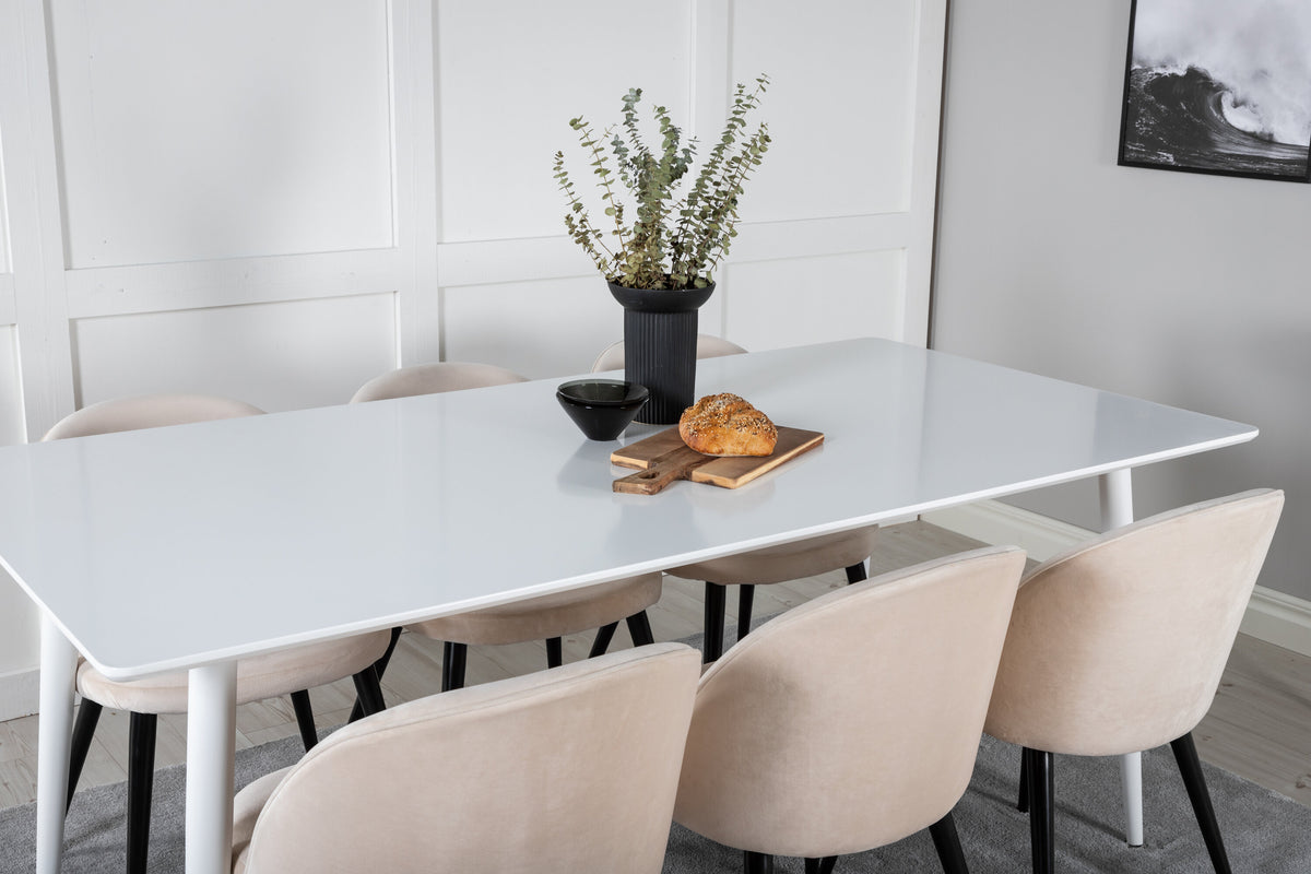 Polar matbord 180 cm vit topp/vita ben med 6 Velvet matstolar beige/svart