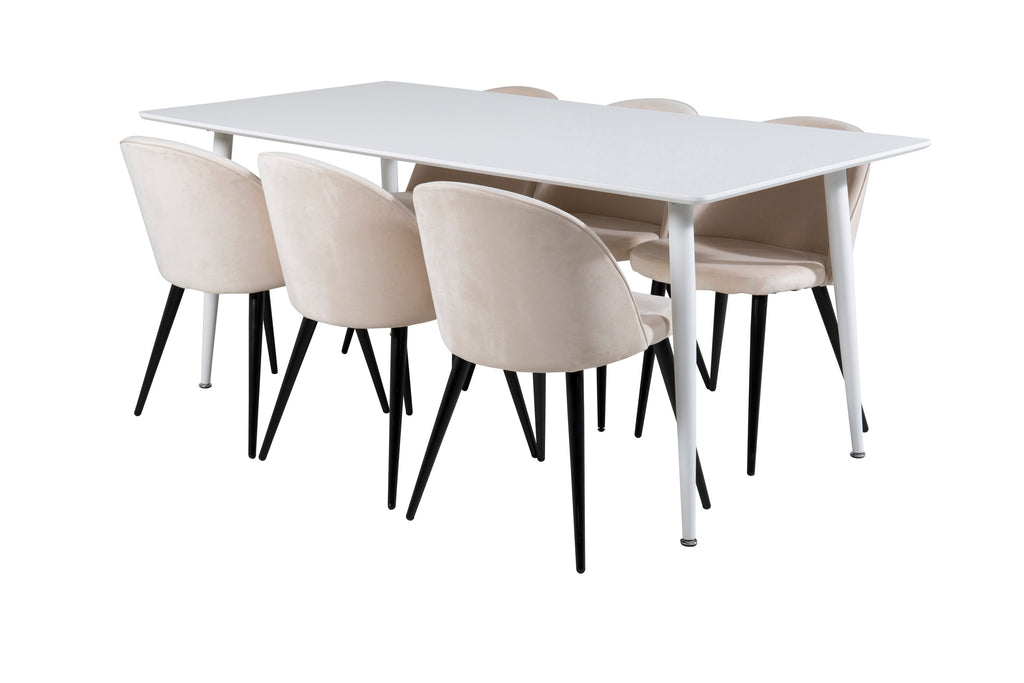 Polar matbord 180 cm vit topp/vita ben med 6 Velvet matstolar beige/svart