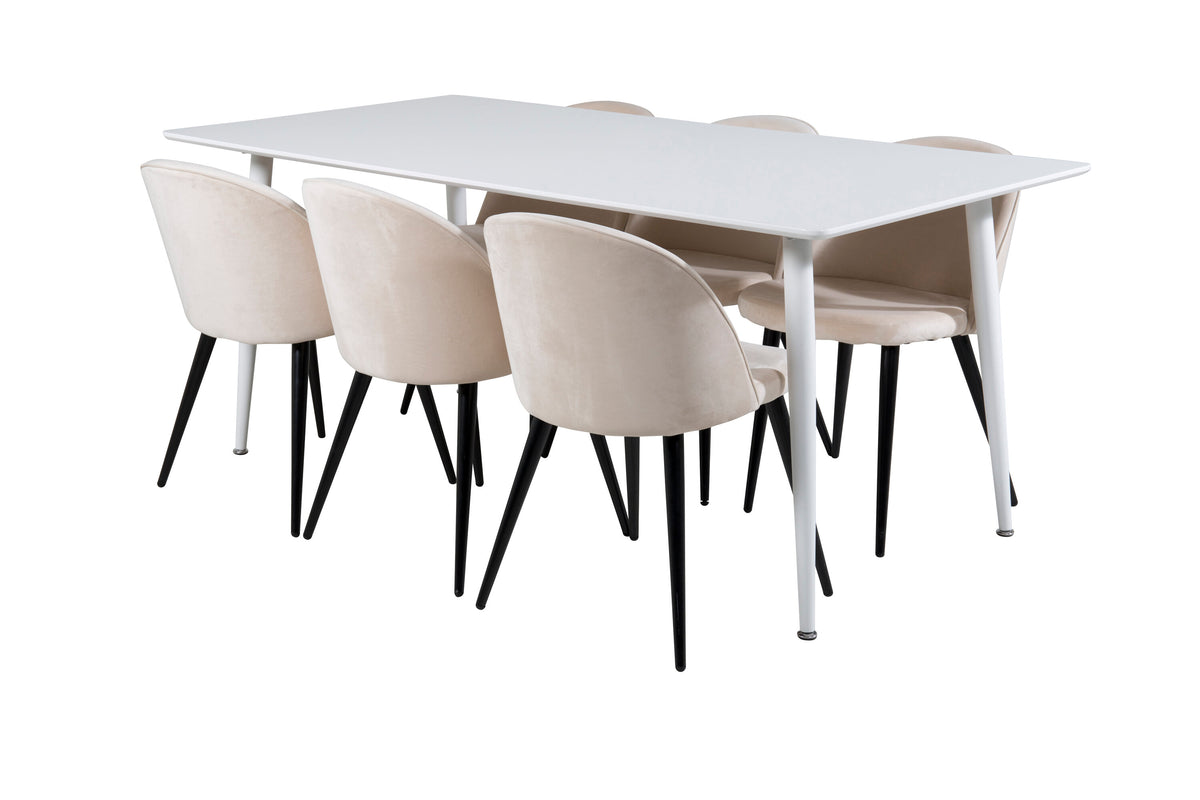 Polar matbord 180 cm vit topp/vita ben med 6 Velvet matstolar beige/svart