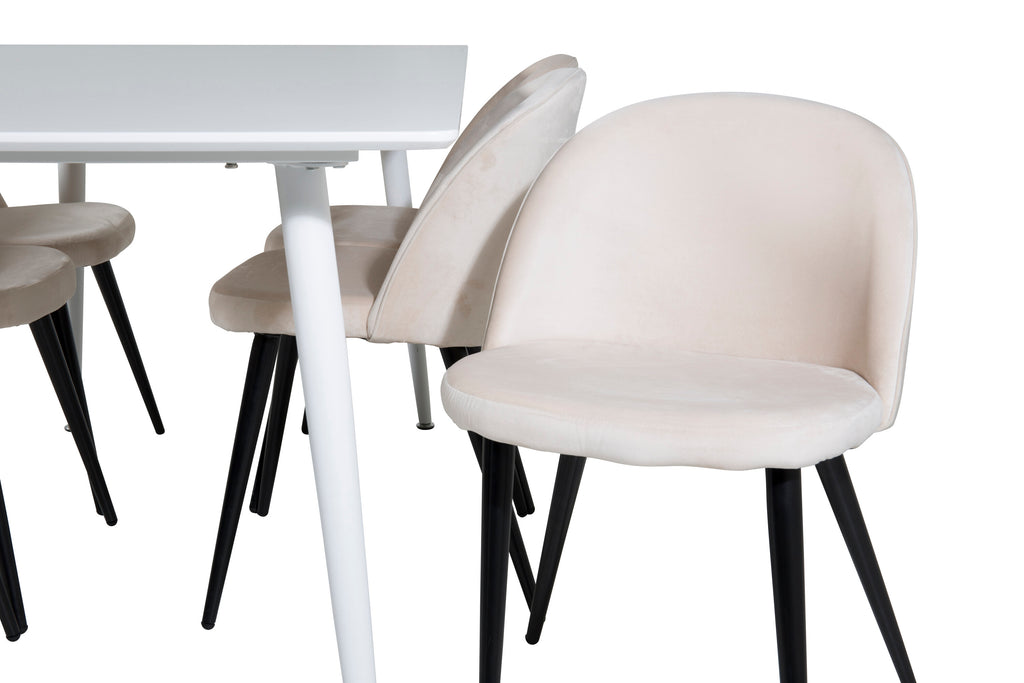 Polar matbord 180 cm vit topp/vita ben med 6 Velvet matstolar beige/svart