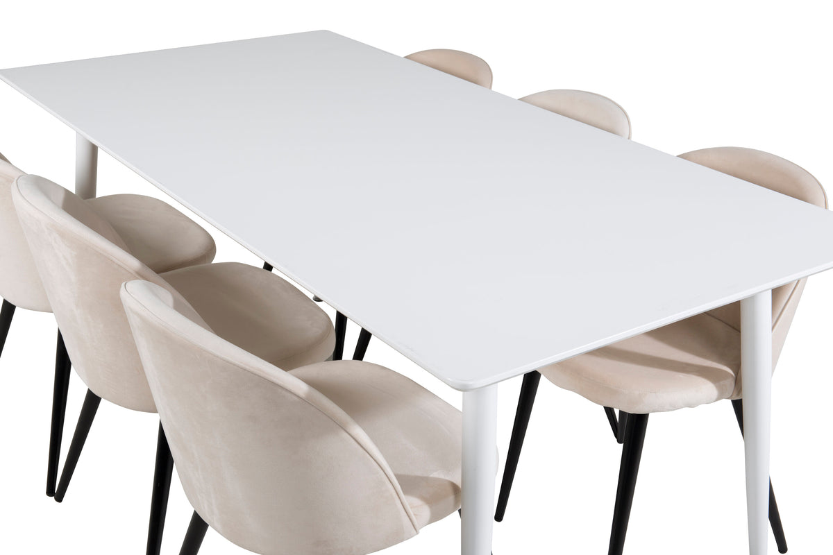 Polar matbord 180 cm vit topp/vita ben med 6 Velvet matstolar beige/svart